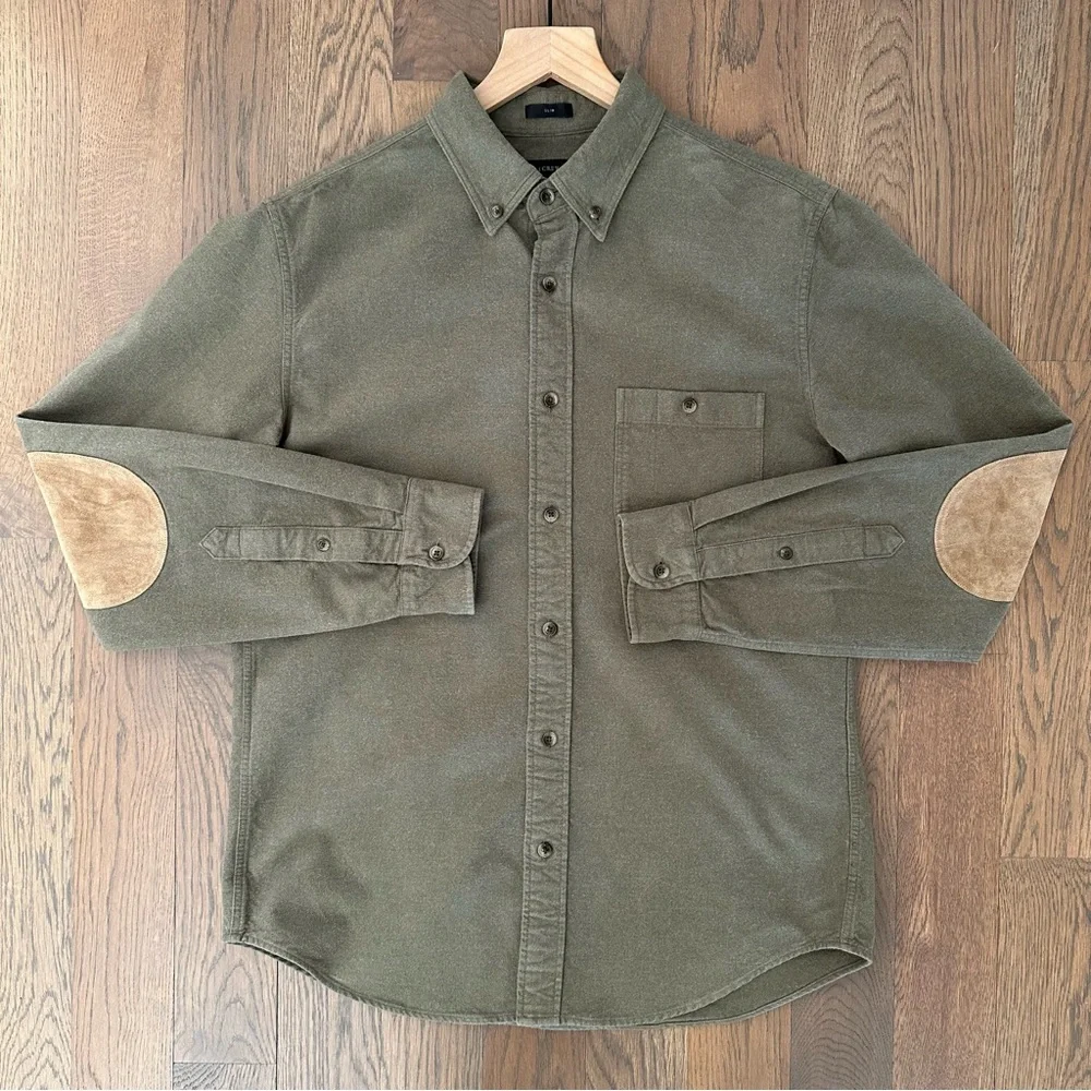 J. Crew Men's Chamois Elbow Patch Cotton Shirt in Dusty Olive Green Medium Slim
